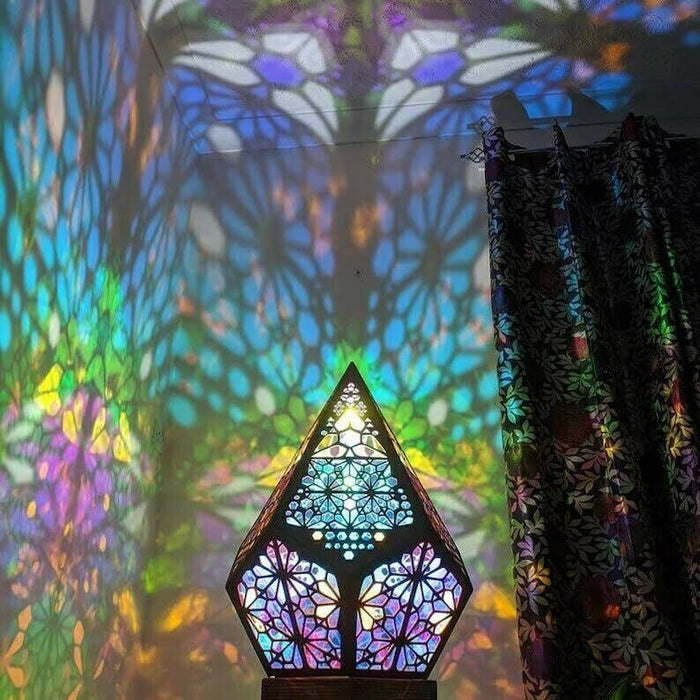 Wooden accent lamps glowing muticolors reminiscent of stained glass. In a 12-side triangular shape.