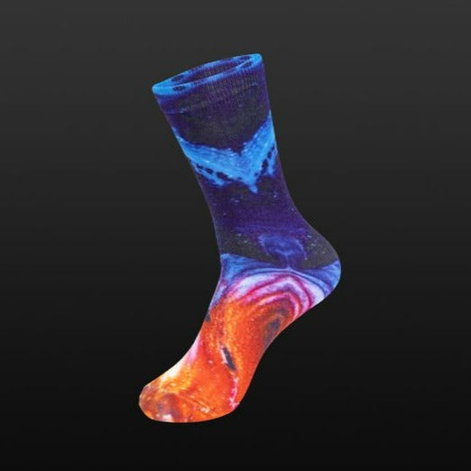 Unisex colorful cushion calf socks featuring orange and blue lava graphic print