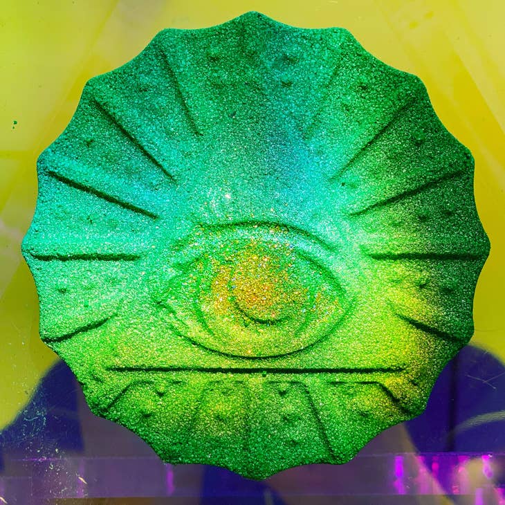 Vegan Seeing Eye Crystal Infused Bath Bomb,; Round with Green, Yellow and Blues. 