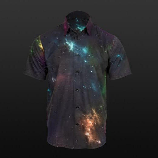 Black Short-sleeved collared button up shirt with a subtle galaxy print. Unisex size, front side.
