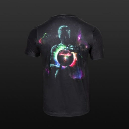 Black unisex poly t-shirt with colorful star being graphic on the back. Back view. 