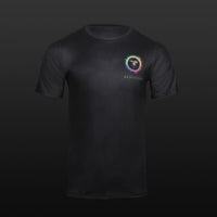 Unisex black t-shirt with small Beautifica logo on the front. Front View