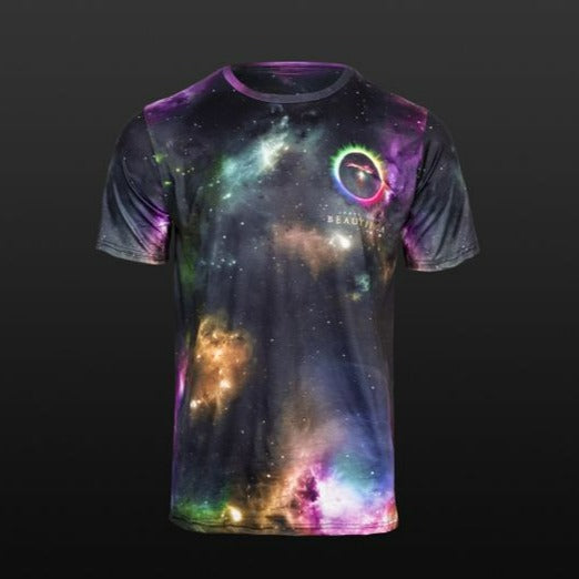 Unisex graphic t-shirt with black background and colorful galaxy artwork, Beautifica logo
