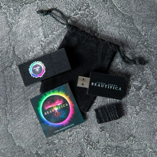 black wood usb drive, pouch, content card, containing Beautifica music and artwork