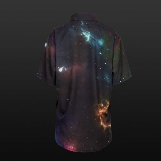 Black collared short-sleeved button down unisex shirt with subtle galaxy print