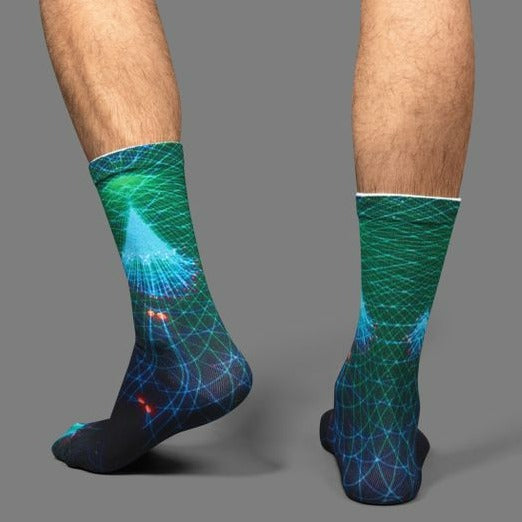 Green, Blue, Black colorful unisex cushioned socks. Side and back view.